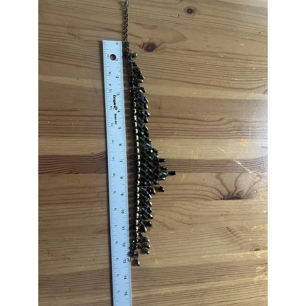 Vintage Beaded Bib Statement Necklace Green Brown Black Adjustable Fringe Boho